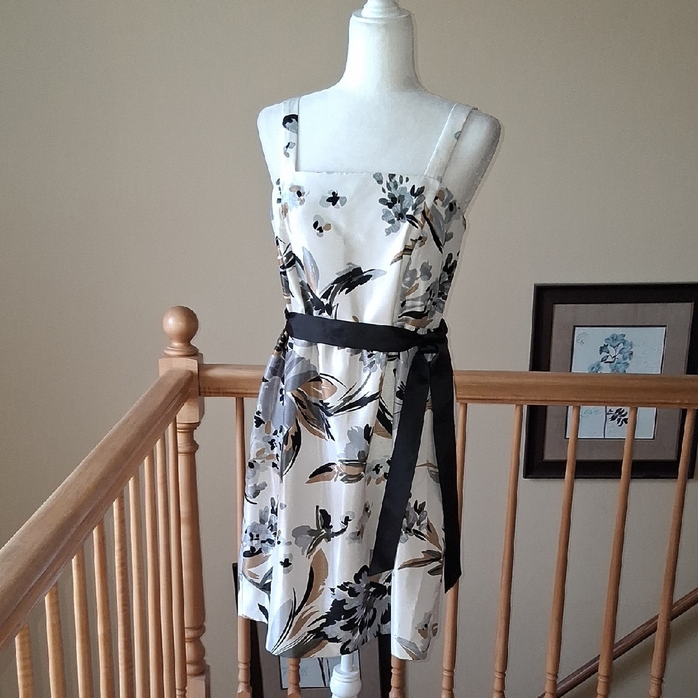 Danny & Nicole Cream Floral Strappy Midi Dress with Black Sash